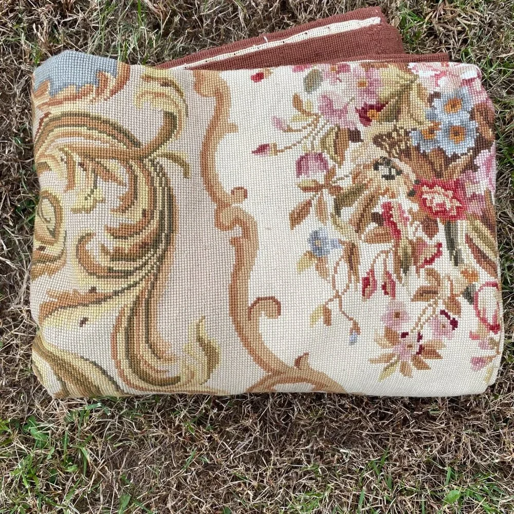 Vtg Aubusson-Style Needlepoint Floral Tapestry Rug Baroque No Backing Pink Brown
